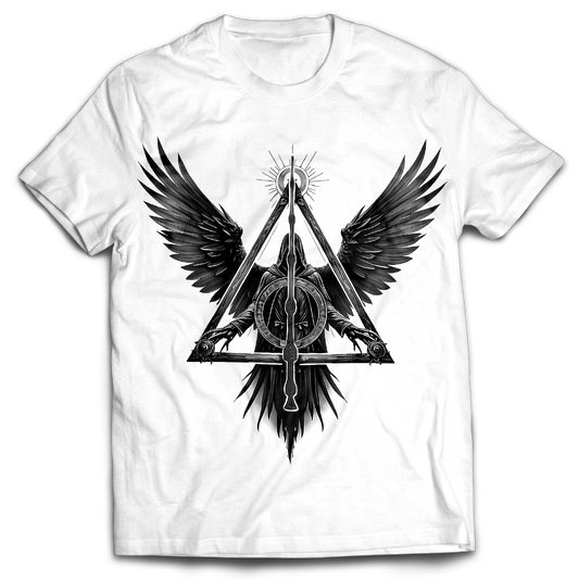 White t-shirt with black wings and symbol design on a white background