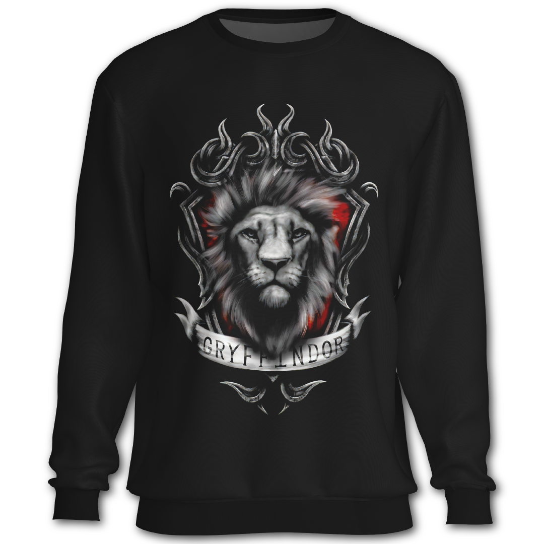 Black sweatshirt with Gryffindor design featuring a lion's face and crest.