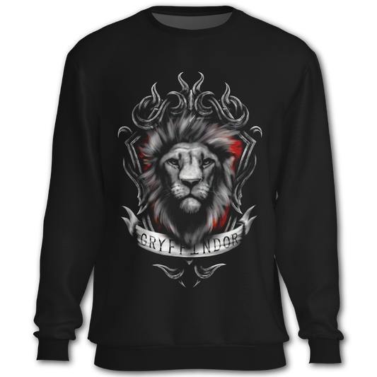 Black sweatshirt with Gryffindor design featuring a lion's face and crest.
