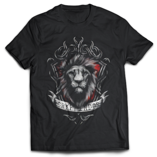 Black t-shirt with Gryffindor design featuring a lion's face and crest.