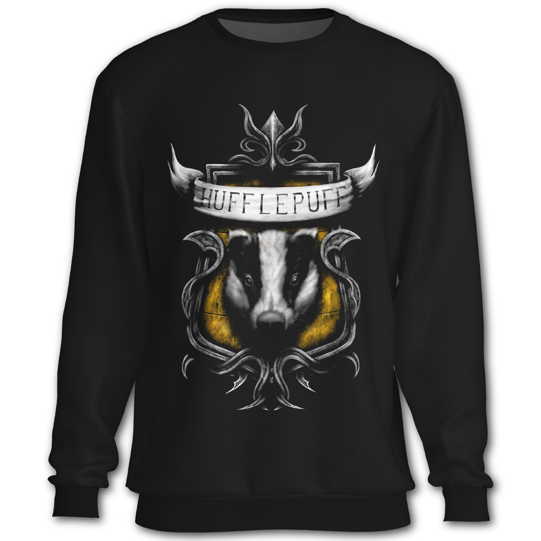 Black sweatshirt with Hufflepuff design featuring a badger's face and crest.