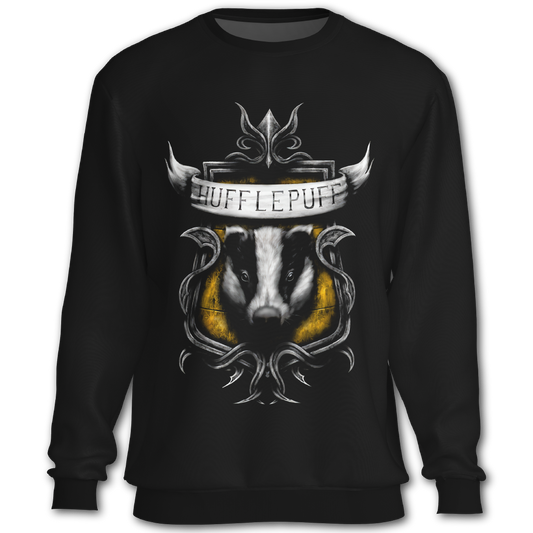Black sweatshirt with Hufflepuff design featuring a badger's face and crest.