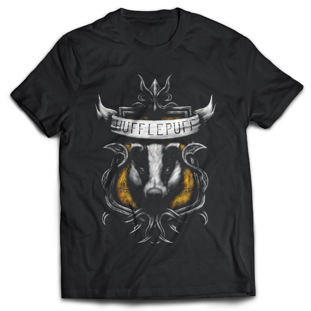 Black t-shirt with Hufflepuff design featuring a badger's face and crest.