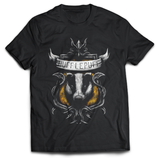 Black t-shirt with Hufflepuff design featuring a badger's face and crest.