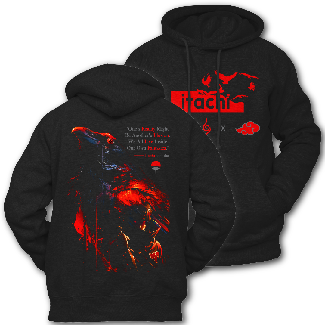Black hoodie with red graphics and text, featuring the word 'Itachi'. Front and Back graphics inspired by Itachi Uchiha from the anime Naruto.