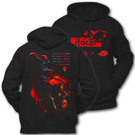 Black hoodie with red graphics and text, featuring the word 'Itachi'. Front and Back graphics inspired by Itachi Uchiha from the anime Naruto.