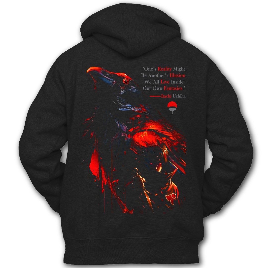 Black hoodie with red graphics and text, featuring the word 'Itachi'. Front and Back graphics inspired by Itachi Uchiha from the anime Naruto.
