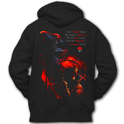 Black hoodie with red graphics and text, featuring the word 'Itachi'. Front and Back graphics inspired by Itachi Uchiha from the anime Naruto.