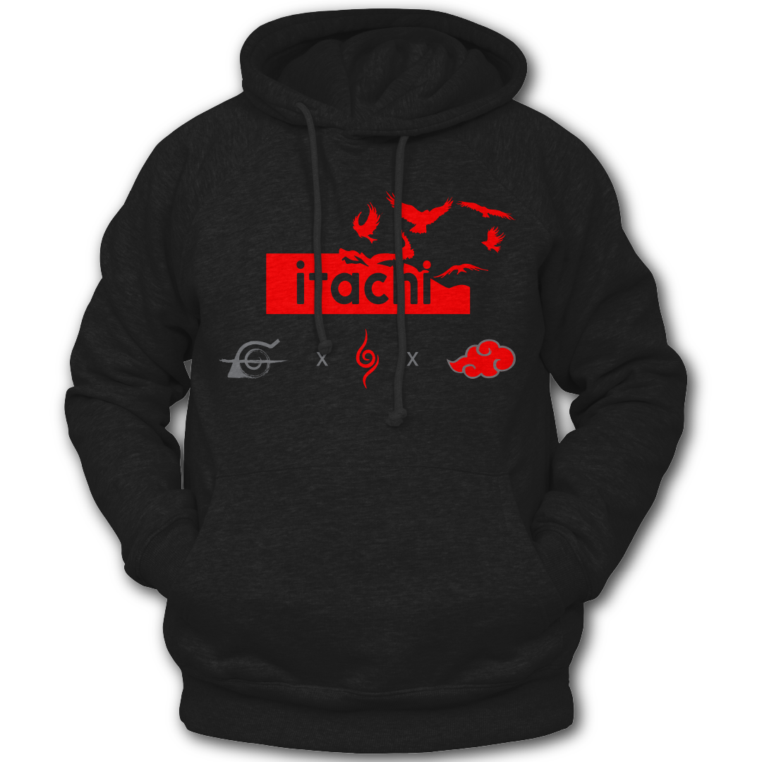 Black hoodie with red graphics and text, featuring the word 'Itachi'. Front and Back graphics inspired by Itachi Uchiha from the anime Naruto.