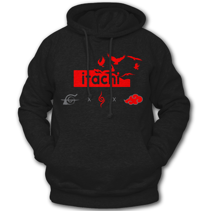 Black hoodie with red graphics and text, featuring the word 'Itachi'. Front and Back graphics inspired by Itachi Uchiha from the anime Naruto.