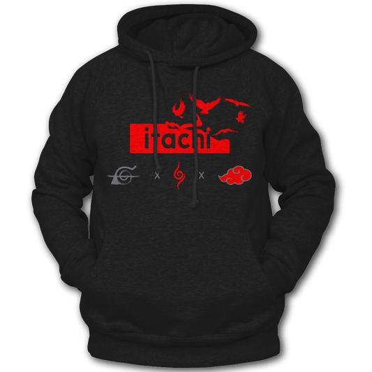 Black hoodie with red graphics and text, featuring the word 'Itachi'. Front and Back graphics inspired by Itachi Uchiha from the anime Naruto.