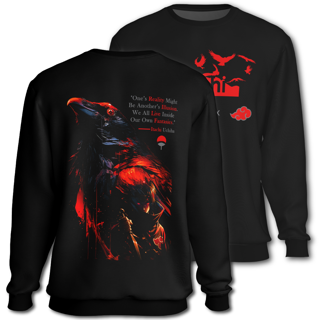 Black sweatshirt with red graphics and text, featuring the word 'Itachi'. Front and Back graphics inspired by Itachi Uchiha from the anime Naruto.