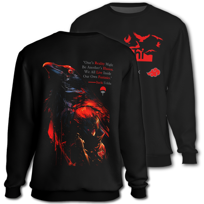 Black sweatshirt with red graphics and text, featuring the word 'Itachi'. Front and Back graphics inspired by Itachi Uchiha from the anime Naruto.