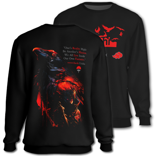 Black sweatshirt with red graphics and text, featuring the word 'Itachi'. Front and Back graphics inspired by Itachi Uchiha from the anime Naruto.