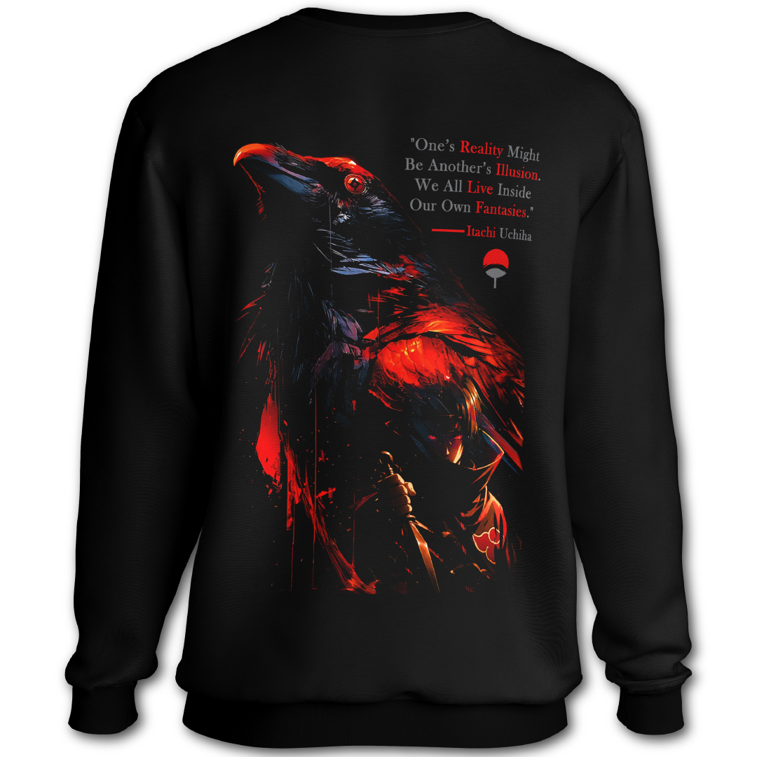 Black sweatshirt with red graphics and text, featuring the word 'Itachi'. Front and Back graphics inspired by Itachi Uchiha from the anime Naruto.
