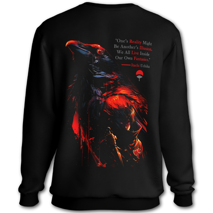 Black sweatshirt with red graphics and text, featuring the word 'Itachi'. Front and Back graphics inspired by Itachi Uchiha from the anime Naruto.