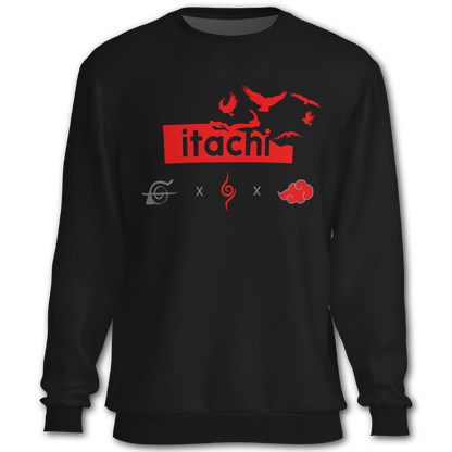 Black sweatshirt with red graphics and text, featuring the word 'Itachi'. Front and Back graphics inspired by Itachi Uchiha from the anime Naruto.