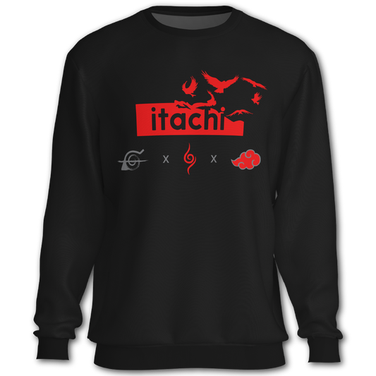 Black sweatshirt with red graphics and text, featuring the word 'Itachi'. Front and Back graphics inspired by Itachi Uchiha from the anime Naruto.