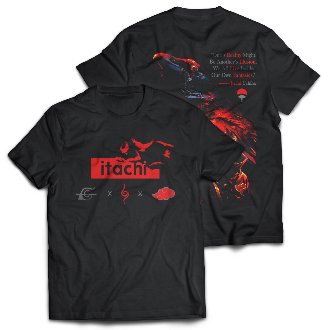 Black t-shirt with red graphics and text, featuring the word 'Itachi'. Front and Back graphics inspired by Itachi Uchiha from the anime Naruto.