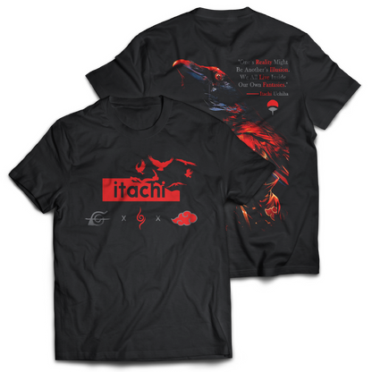 Black t-shirt with red graphics and text, featuring the word 'Itachi'. Front and Back graphics inspired by Itachi Uchiha from the anime Naruto.