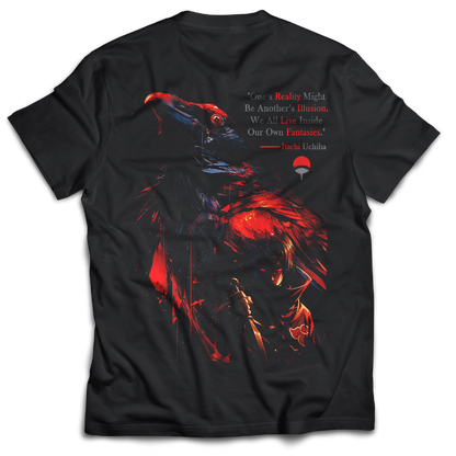 Black t-shirt with red graphics and text, featuring the word 'Itachi'. Front and Back graphics inspired by Itachi Uchiha from the anime Naruto.