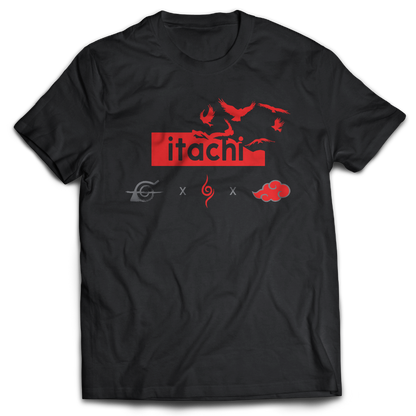 Black t-shirt with red graphics and text, featuring the word 'Itachi'. Front and Back graphics inspired by Itachi Uchiha from the anime Naruto.