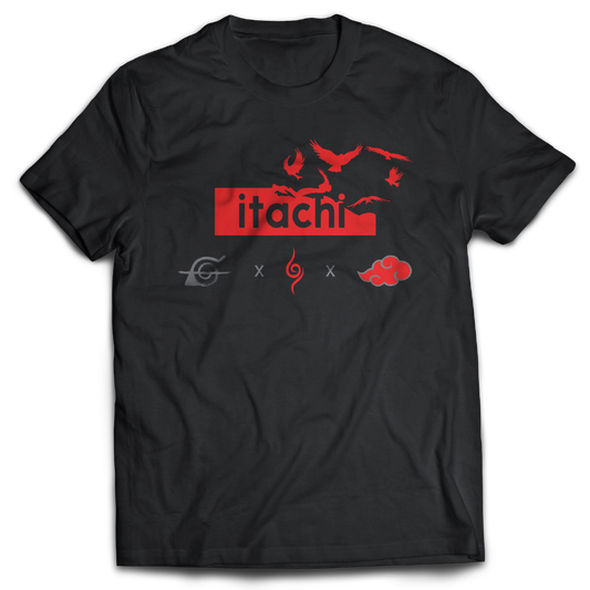 Black t-shirt with red graphics and text, featuring the word 'Itachi'. Front and Back graphics inspired by Itachi Uchiha from the anime Naruto.