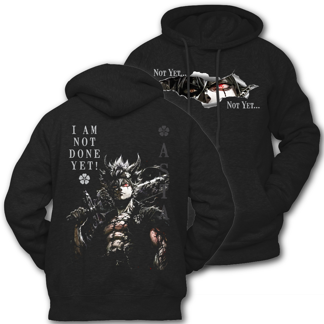 Black hoodie with graphic on the front. Graphic of Asta from Black Clover and text on the back of the hoodie, inspired by Black Clover the anime.