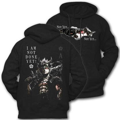 Black hoodie with graphic on the front. Graphic of Asta from Black Clover and text on the back of the hoodie, inspired by Black Clover the anime.