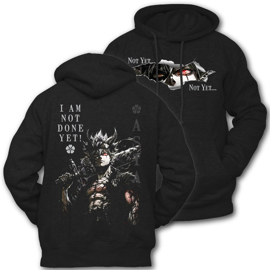 Black hoodie with graphic on the front. Graphic of Asta from Black Clover and text on the back of the hoodie, inspired by Black Clover the anime.