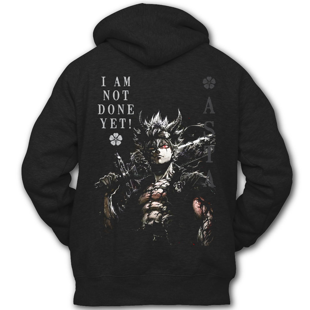 Black hoodie with graphic of Asta from Black Clover and text on the back of the hoodie, inspired by Black Clover the anime.