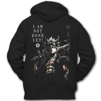 Black hoodie with graphic of Asta from Black Clover and text on the back of the hoodie, inspired by Black Clover the anime.