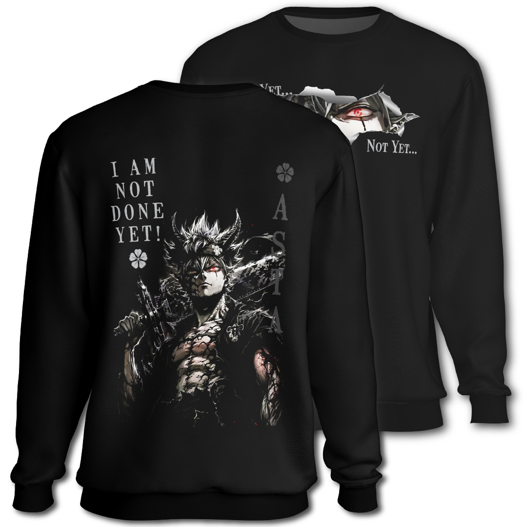 Black sweatshirt with graphic on the front. Graphic of Asta from Black Clover and text on the back of the sweatshirt, inspired by Black Clover the anime.