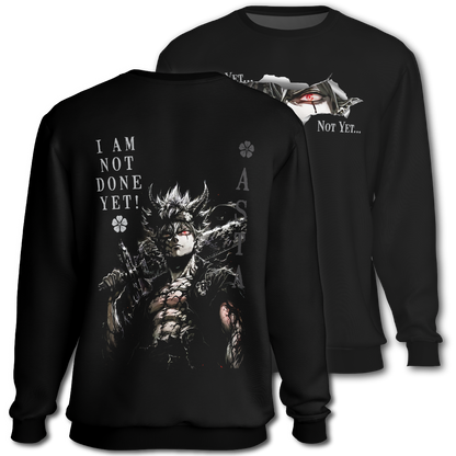 Black sweatshirt with graphic on the front. Graphic of Asta from Black Clover and text on the back of the sweatshirt, inspired by Black Clover the anime.