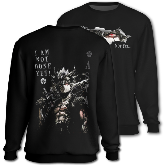 Black sweatshirt with graphic on the front. Graphic of Asta from Black Clover and text on the back of the sweatshirt, inspired by Black Clover the anime.