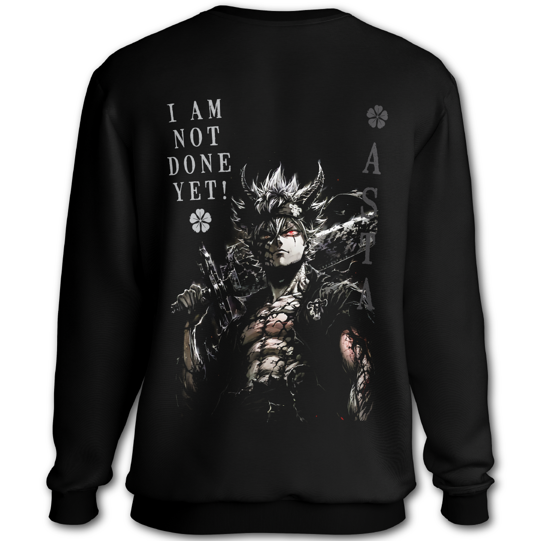 Black sweatshirt with graphic of Asta from Black Clover and text on the back of the sweatshirt, inspired by Black Clover the anime.