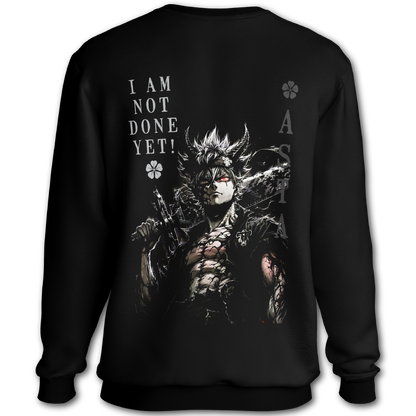 Black sweatshirt with graphic of Asta from Black Clover and text on the back of the sweatshirt, inspired by Black Clover the anime.