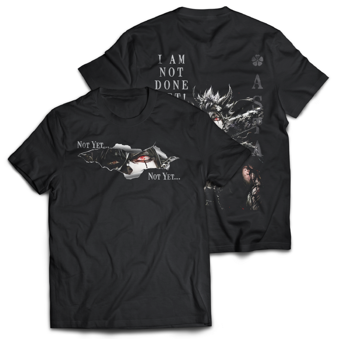Black t-shirt with graphic on the front.  Graphic of Asta from Black Clover  and text on the back of the t-shirt, inspired by Black Clover the anime.
