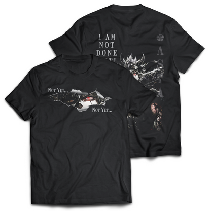Black t-shirt with graphic on the front.  Graphic of Asta from Black Clover  and text on the back of the t-shirt, inspired by Black Clover the anime.