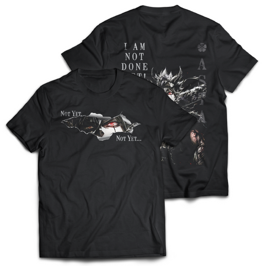Black t-shirt with graphic on the front.  Graphic of Asta from Black Clover  and text on the back of the t-shirt, inspired by Black Clover the anime.