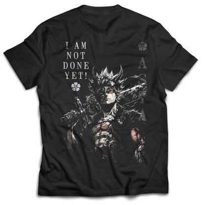 Black t-shirt with graphic of Asta from Black Clover  and text on the back of the t-shirt, inspired by Black Clover the anime.