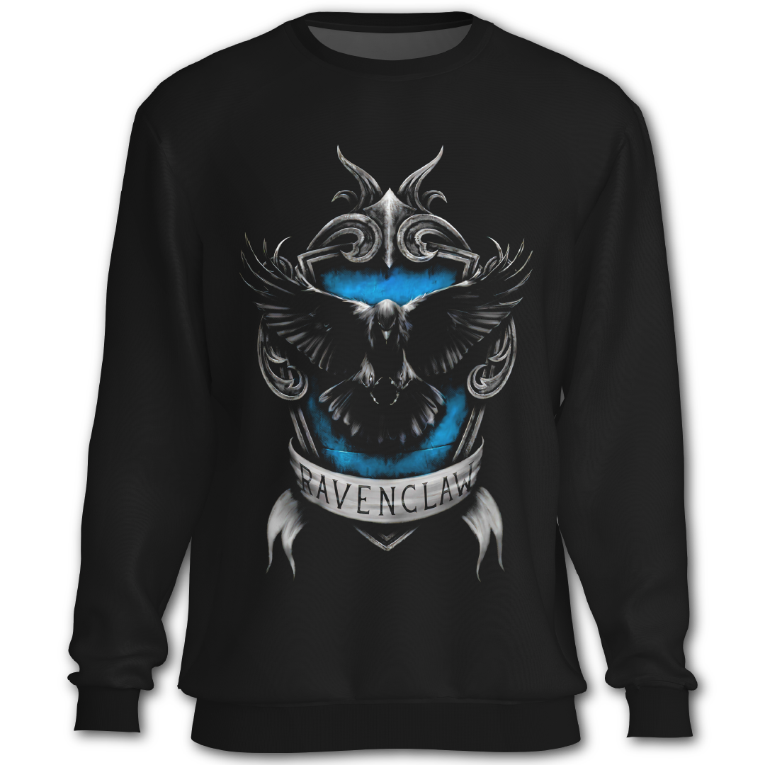 Black sweatshirt with a Ravenclaw design featuring an eagle and blue background on a white background