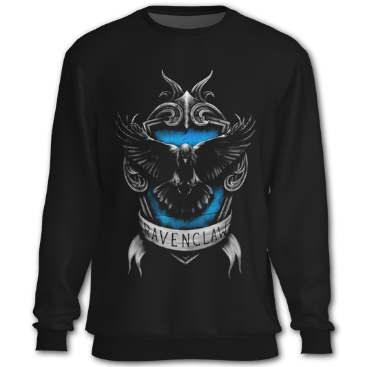 Black sweatshirt with a Ravenclaw design featuring an eagle and blue background on a white background