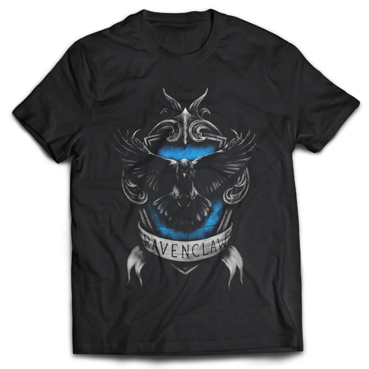 Black t-shirt with 'Ravenclaw' design featuring a raven and blue circle on a white background