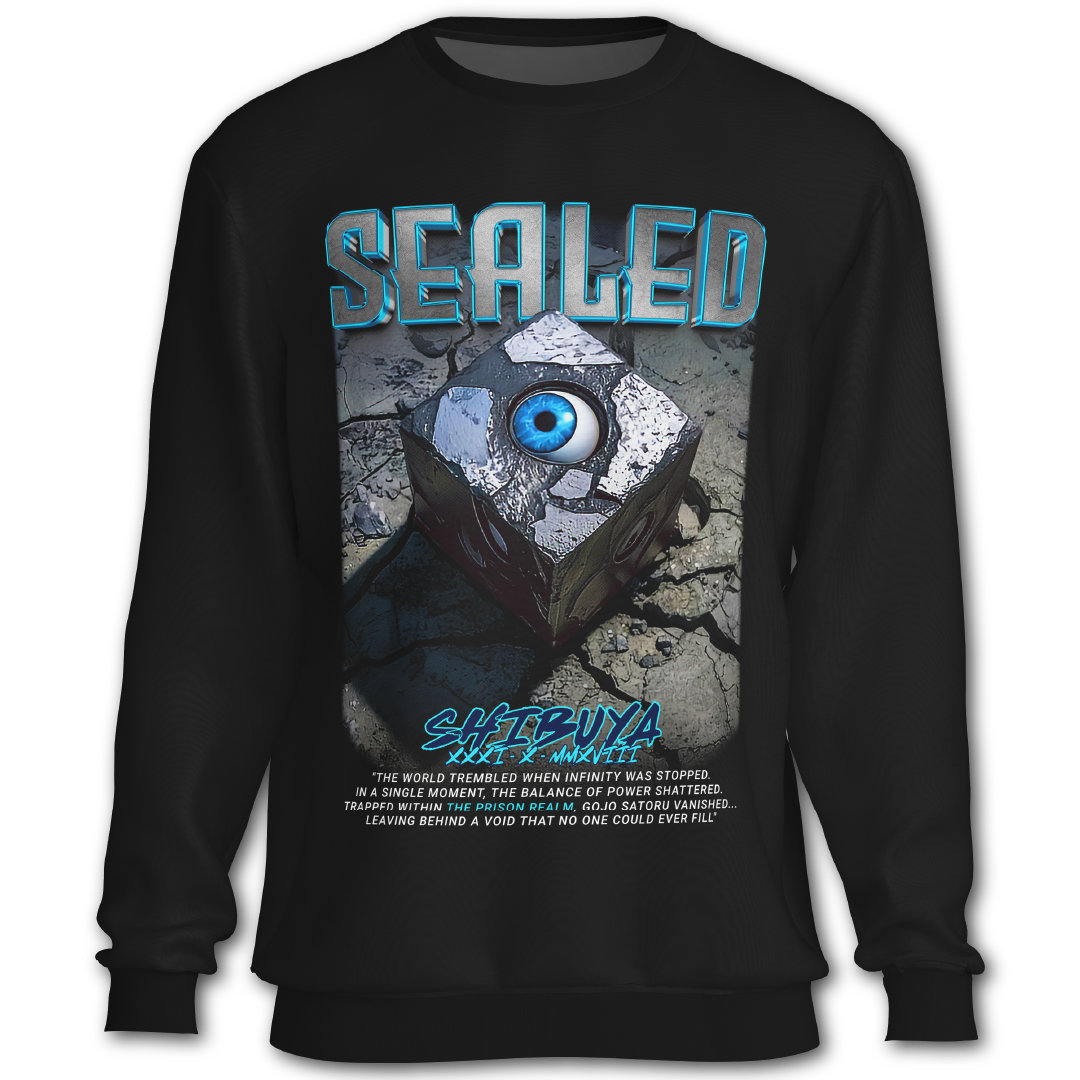 Black sweatshirt with 'Sealed' graphic design featuring a cube with an eye and text, inspired by Jujutsu Kaisen the anime.