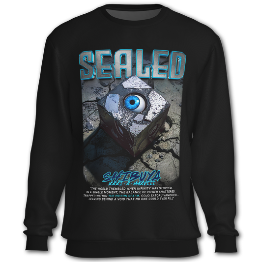 Black sweatshirt with 'Sealed' graphic design featuring a cube with an eye and text, inspired by Jujutsu Kaisen the anime.
