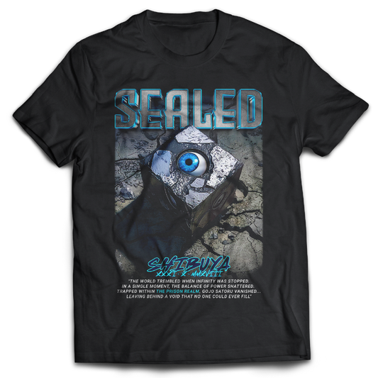 Black t-shirt with 'Sealed' graphic design featuring a cube with an eye and text, inspired by Jujutsu Kaisen the anime.