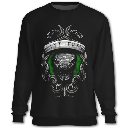 Black sweatshirt with Slytherin design featuring a snake and banner on a white background