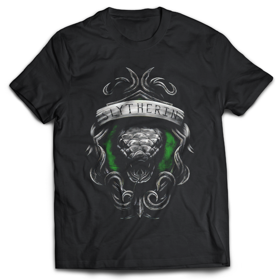Black t-shirt with Slytherin design featuring a snake and green emblem on a white background