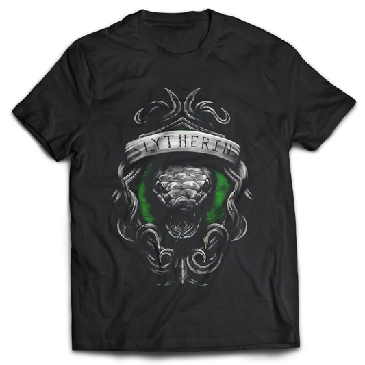 Black t-shirt with Slytherin design featuring a snake and green emblem on a white background